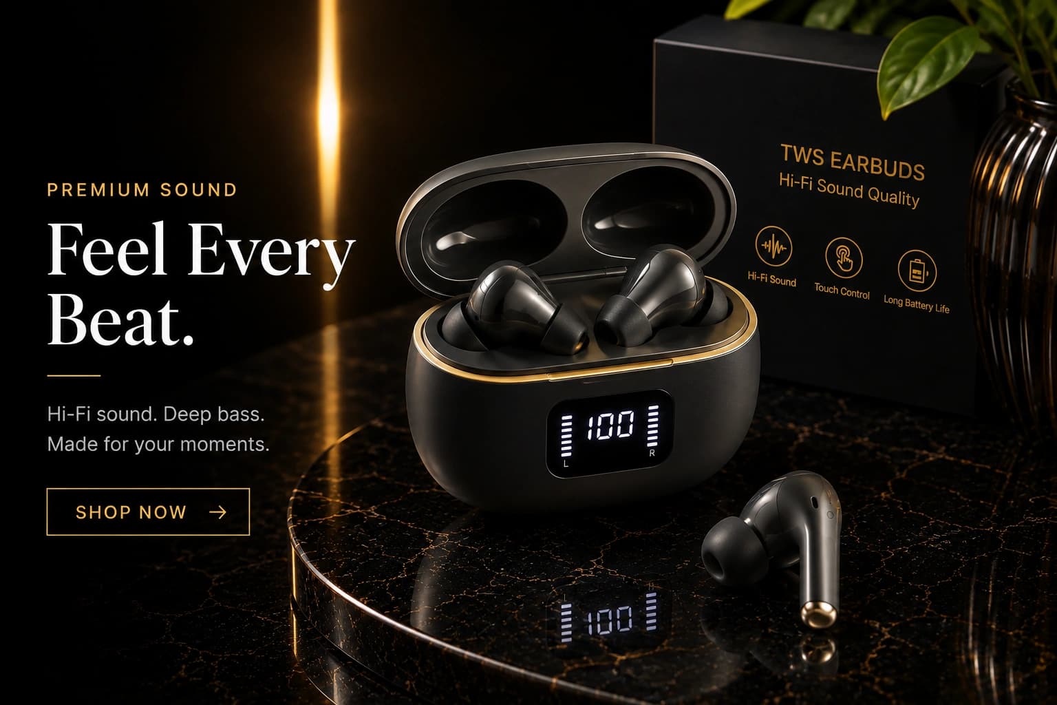 Matte black wireless earbuds case with gold trim and a digital LED display, earbuds resting inside