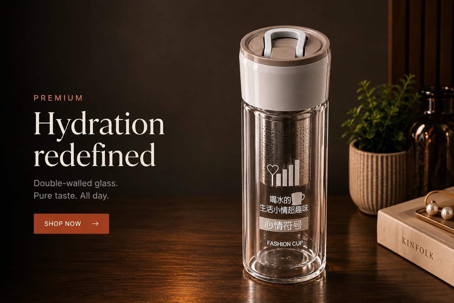 Double-walled clear glass water bottle with a handled lid, on a wooden table