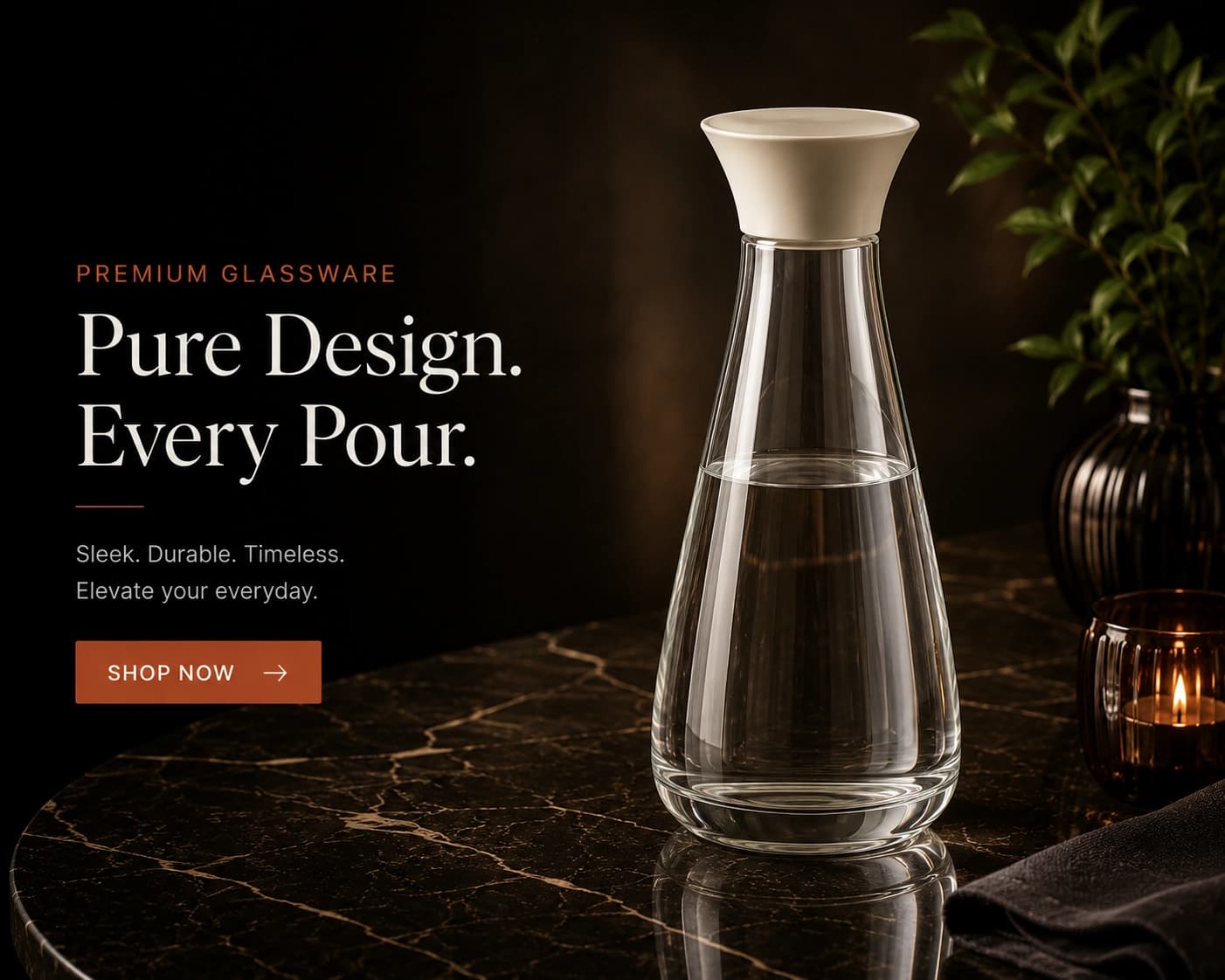 Tapered clear glass water carafe with a cream stopper, on a dark marble surface