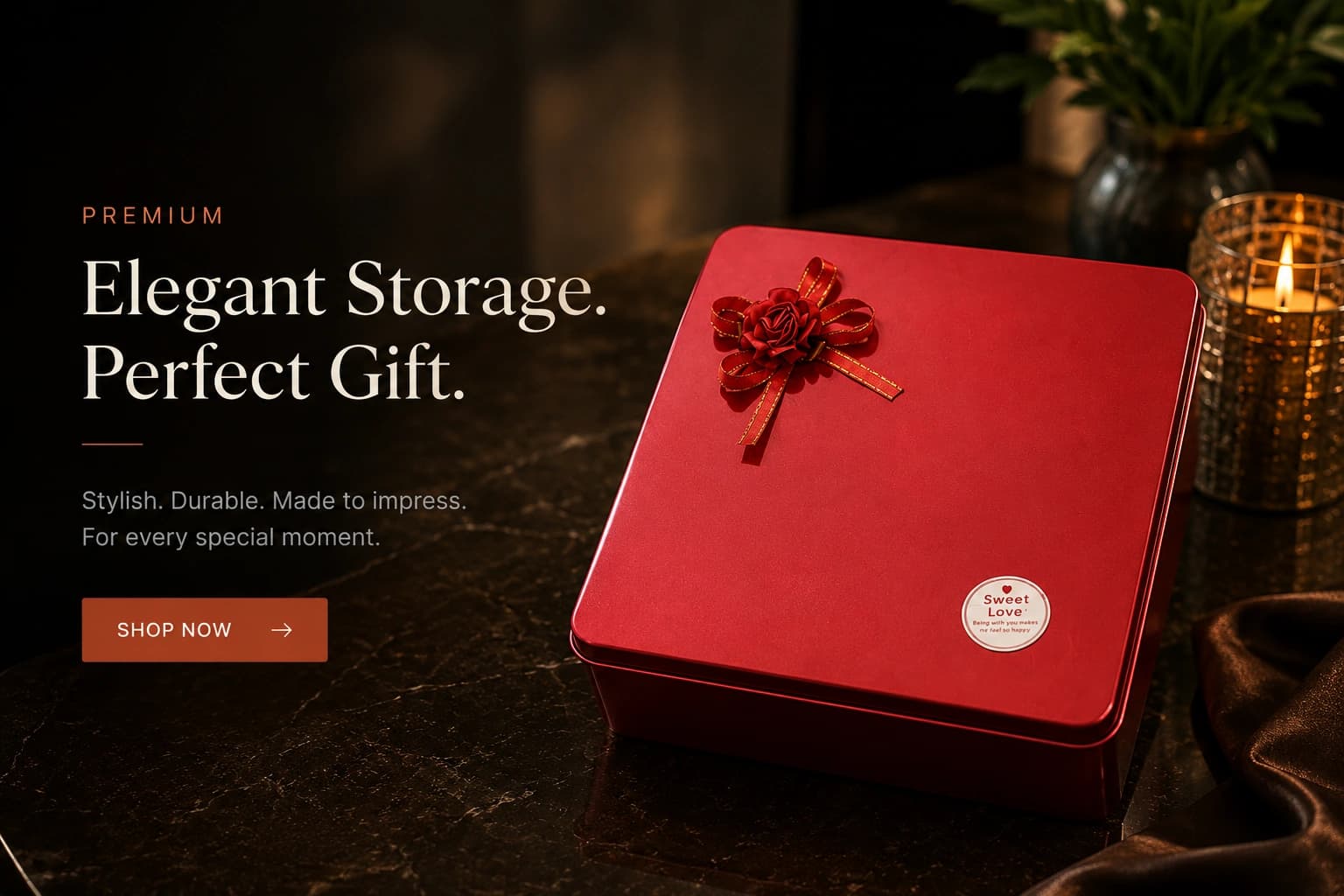 Red tin storage box with a ribbon rose bow on top, on a dark table with candlelight