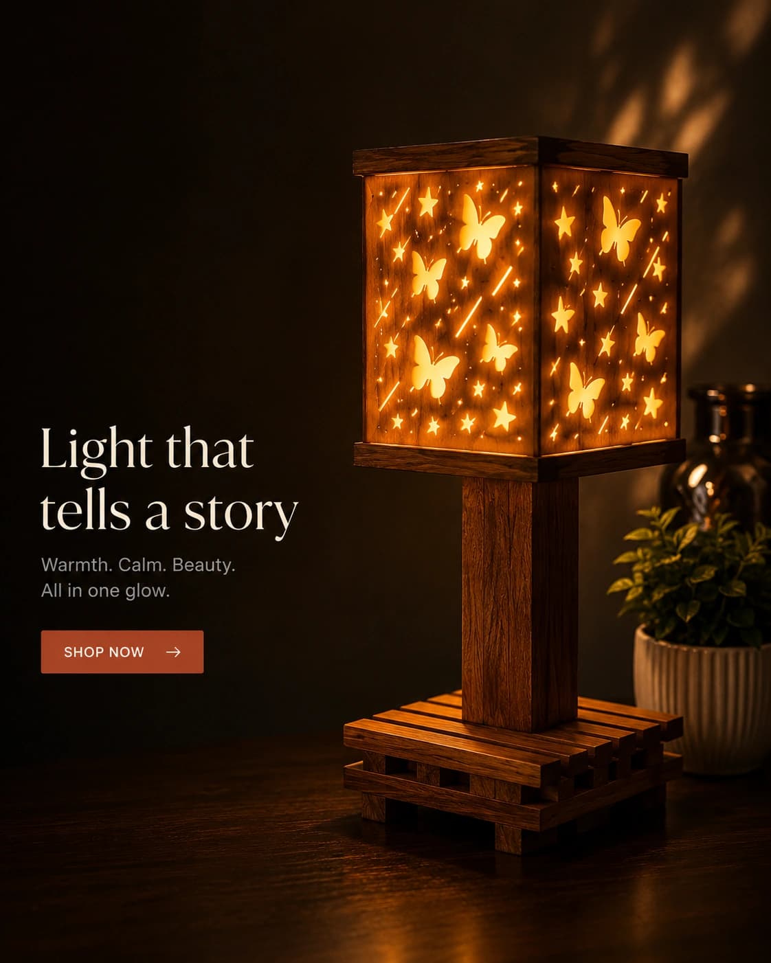 Wooden house-shaped table lamp with a butterfly and star cutout pattern, glowing warmly on a dark table
